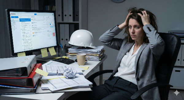 Responsabile QHSE sopraffatto dalla burocrazia e dai documenti, con le mani nei capelli davanti al PC