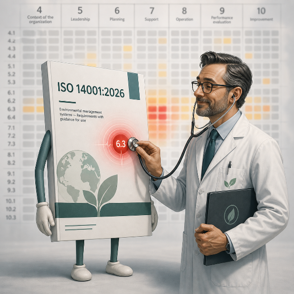 Heatmap della nuova ISO 14001:2026 con i punti modificati evidenziati per intensit&agrave; di cambiamento