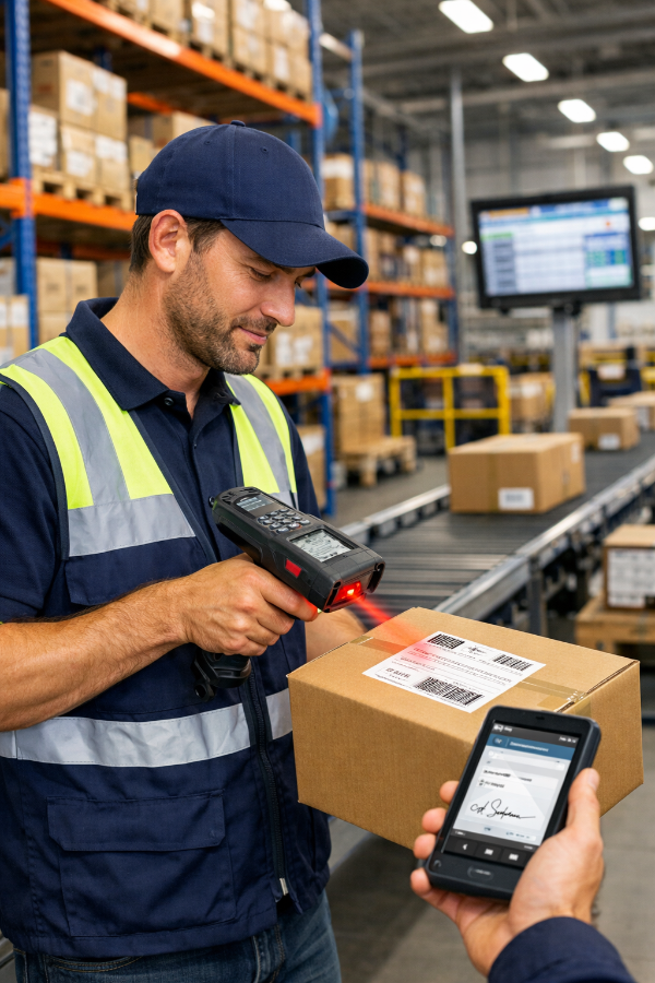 Operatore di magazzino in un centro logistico scansiona un pacco mentre un collega verifica la firma digitale su uno smartphone, esempio di digitalizzazione della proof of delivery