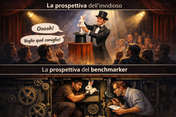 Un uomo tra il pubblico che si concentra sul trucco di un prestigiatore mentre il resto del pubblico invidia la sua bravura