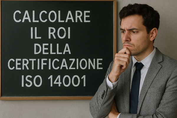 Uomo davanti alla lavagna dove legge la scritta Calcolare il ROI della certificazione ISO 14001
