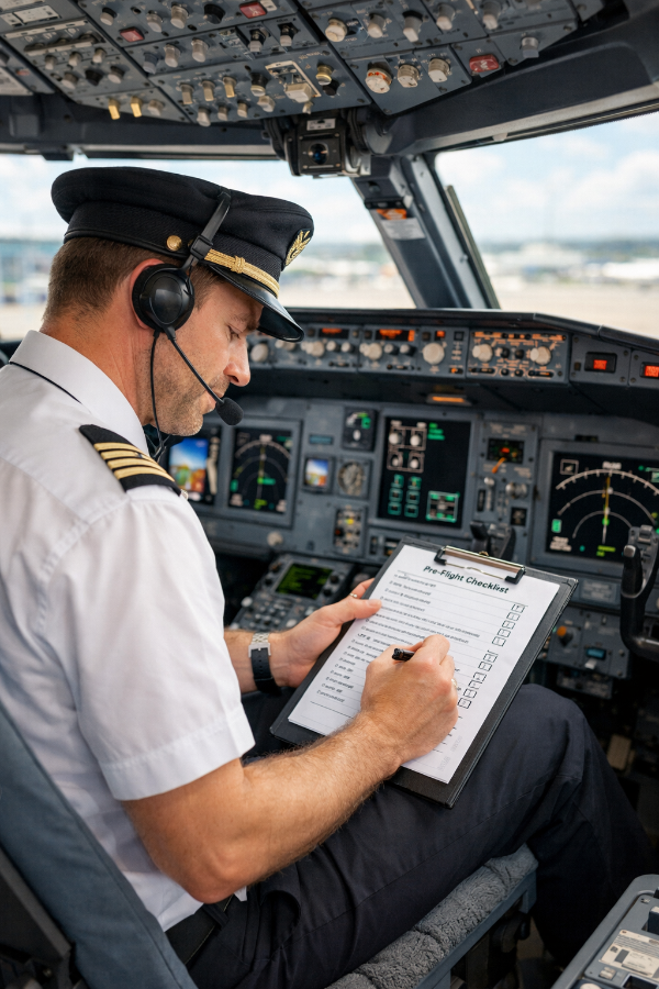 Un pilota compila la sua checklist prima del volo