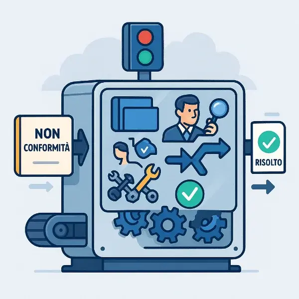 Illustrazione grafica di compiti algoritmici nei sistemi di gestione con elementi come non conformità, analisi e risoluzione