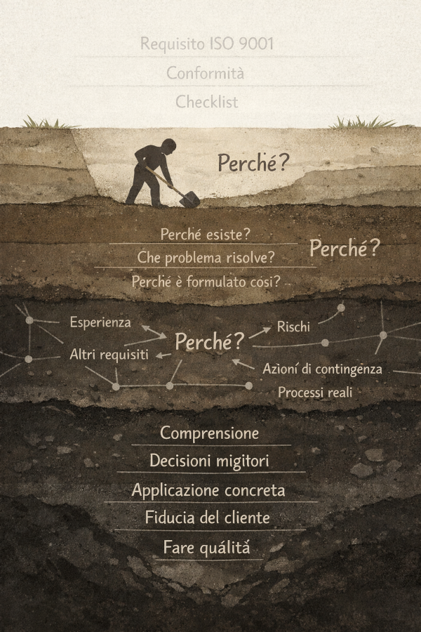Persona che scava mentre vediamo che esistono diversi livelli di comprensione di un requisito ISO 9001