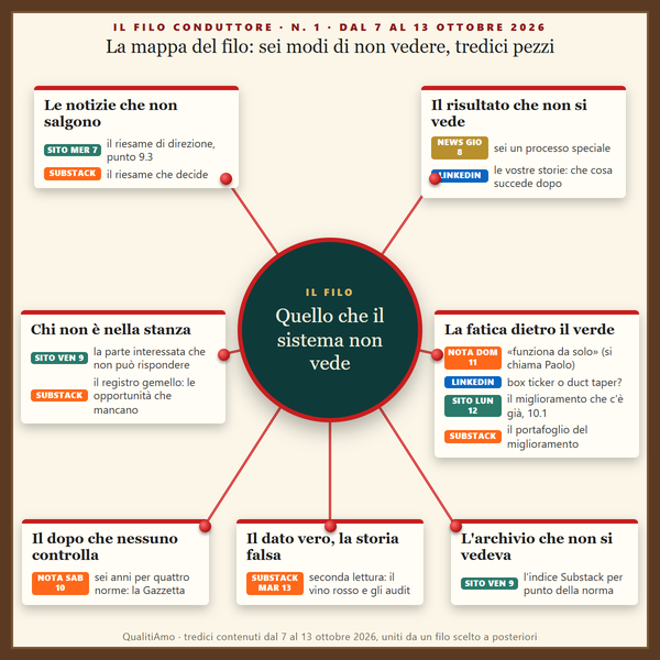La mappa del filo: al centro «quello che il sistema non vede», intorno i sei modi di non vedere e i tredici contenuti della settimana collegati dal filo rosso