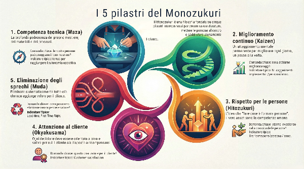 Un'infografica che illustra i 5 pilastri del monozukuri