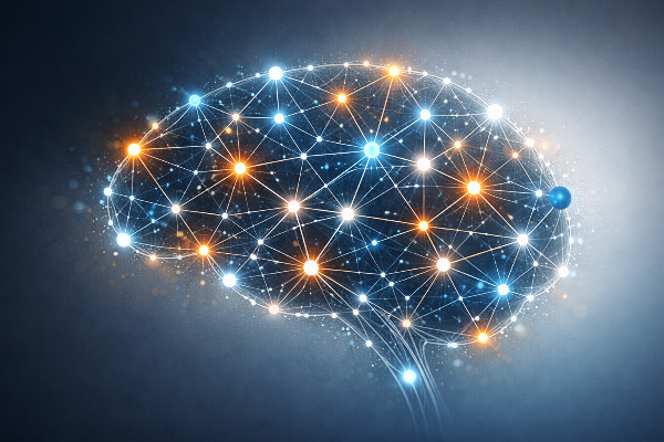 Visualizzazione di un cervello con molti collegamenti tra i diversi neuroni