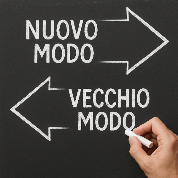 Gestione del cambiamento - Lavagna con frecce verso nuovo modo e vecchio modo