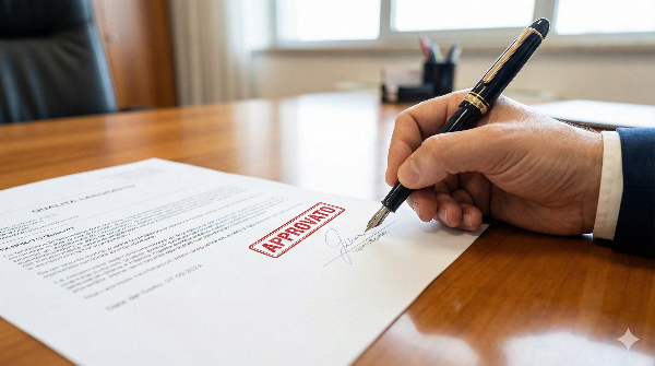 Una mano che firma un documento approvato