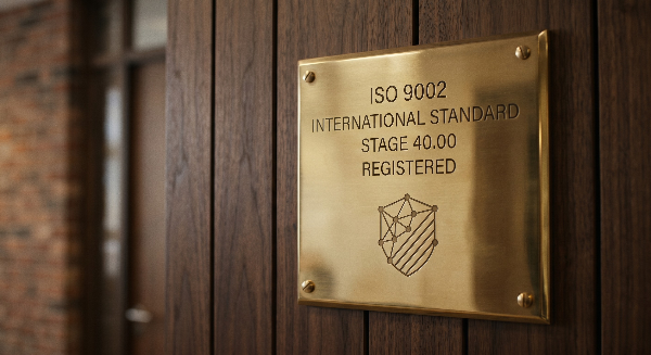 La targa d'ottone che sottolinea l'importanza della ISO 9002