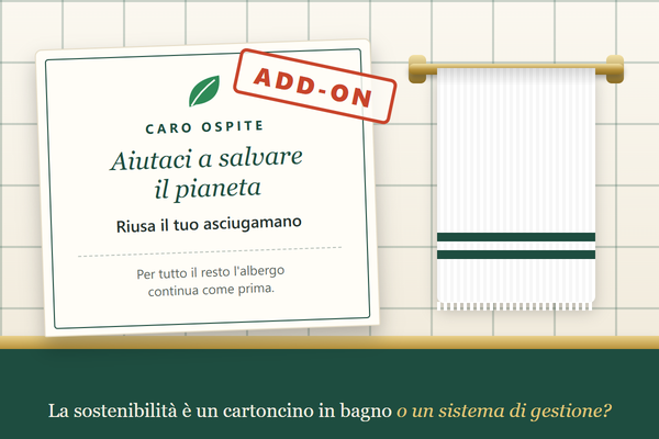 Cartoncino da bagno d'albergo che invita a riusare l'asciugamano per salvare il pianeta, con il timbro «Add-on» e la postilla che per il resto l'albergo continua come prima