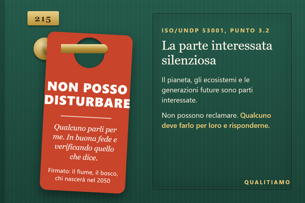Cartello rosso appeso alla maniglia della camera 215 con la scritta «Non posso disturbare», firmato dal fiume, dal bosco e da chi nascerà nel 2050