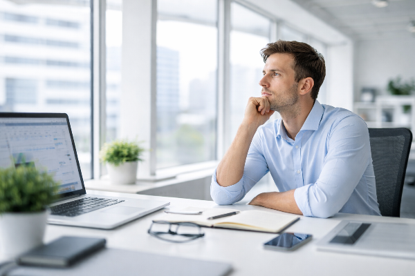 Impiegato in un ufficio moderno che riflette sul significato del proprio lavoro
