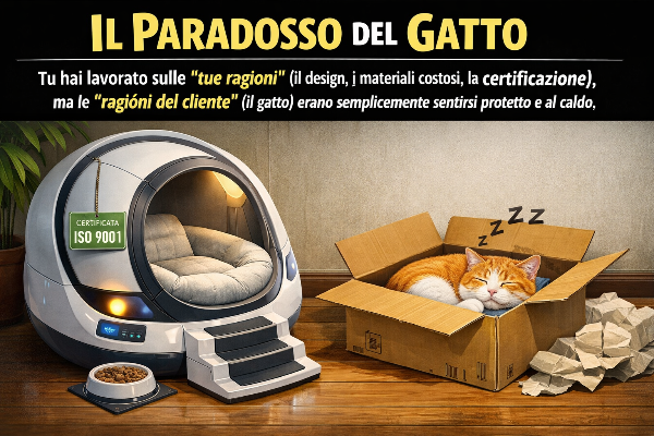 Un gatto-cliente che, al posto della cuccia ipertecnologica, sceglie di dormire in uno scatolone, mostrando le sue ragioni