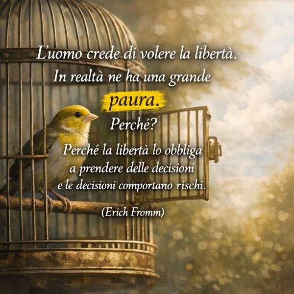 Un uccellino in una gabbia aperta e la frase di Erich Fromm