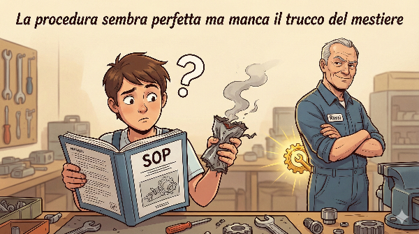 Un lavoratore anziano guarda un giovane che, seguendo la procedura, ha prodotto un pezzo difettoso e ridacchia