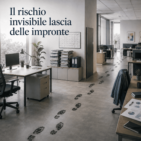 Un ufficio vuoto con delle impronte sul pavimento: il rischio psicosociale non si vede ma lascia tracce