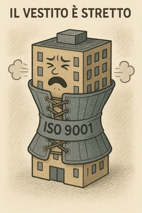 Illustrazione di un edificio stretto in un corsetto ISO 9001, che rappresenta visivamente come un sistema qualità possa diventare limitante