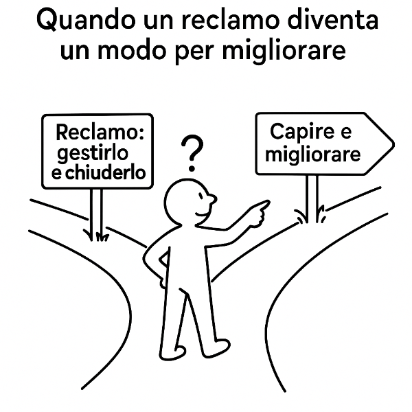 Un omino davanti a un bivio tra due scelte: usare o no il reclamo per migliorare?