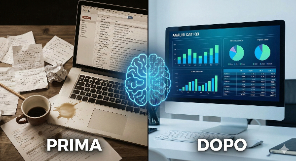Confronto prima e dopo: scrivania disordinata con appunti vs dashboard digitale pulita grazie all'IA